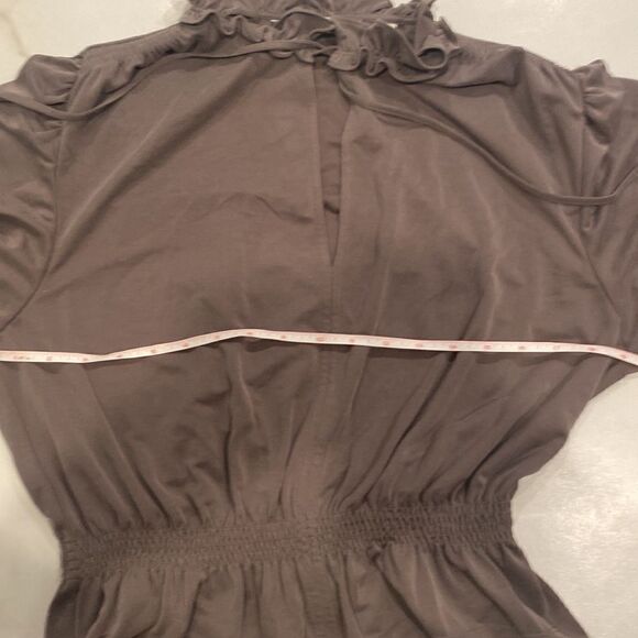 Rebecca Taylor taupe light brown long sleeve ruched vneck blouse tie ruffles EUC - Picture 8 of 11